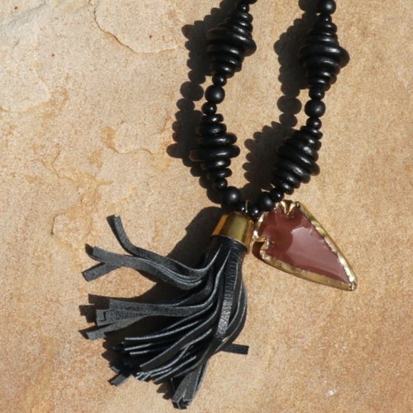 Handmade Ethnic Necklace Long Boho Leather & Wood Beaded Tassel Arrow Tribal NWT - Picture 2 of 7